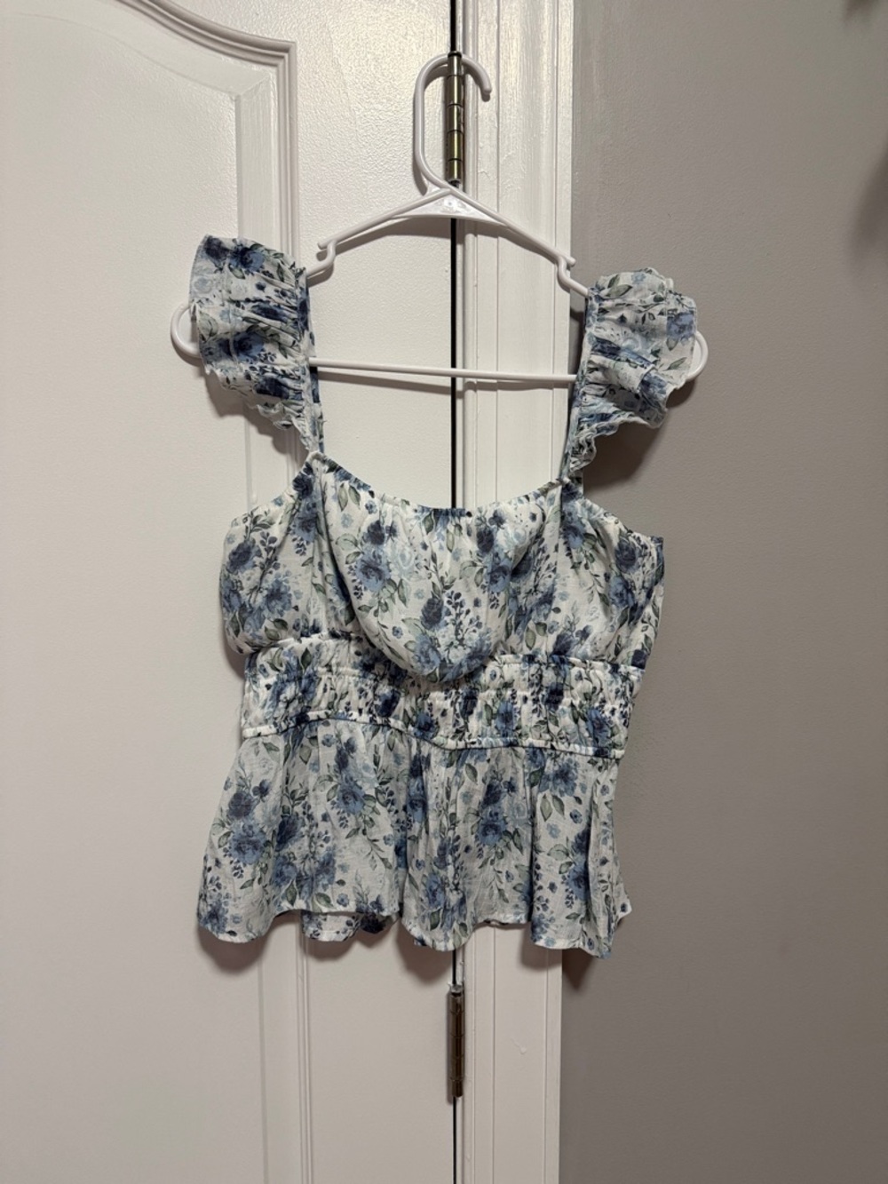 miami Blue and White Floral Ruffled Peplum Camisole